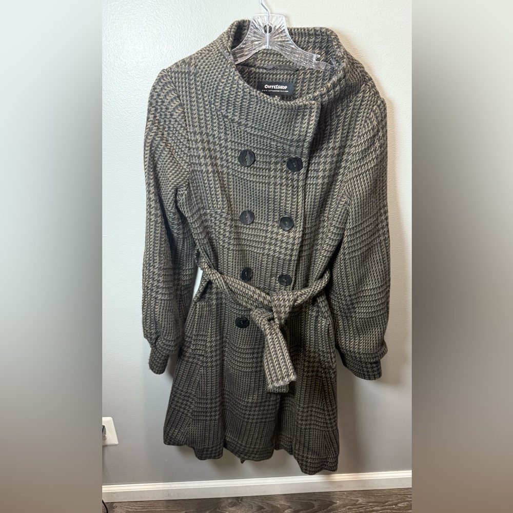 Coffeeshop Women’s Green/Black Double Breasted Houndstooth Wool Coat Size Medium
